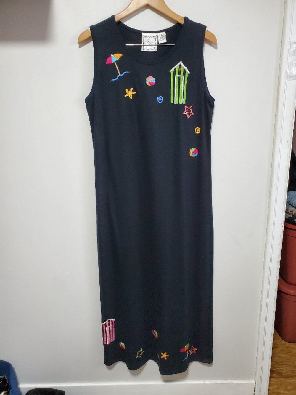 MICHAEL SIMON LITE Embroidered Beach Maxi Dress Black Medium 90s Vintage Teacher